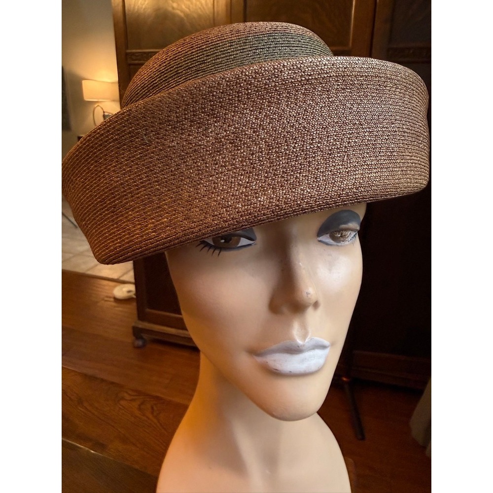 Vintage Schiaparelli Paris Pillbox Hat Woven Straw Bronze Metallic French 1950s